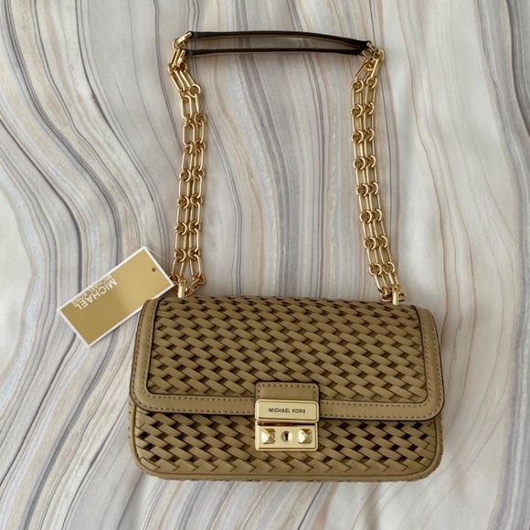 NEW! Michael Kors Tribeca Small Hand-Woven Leather Shoulder Bag Camel $398 - Picture 2 of 15